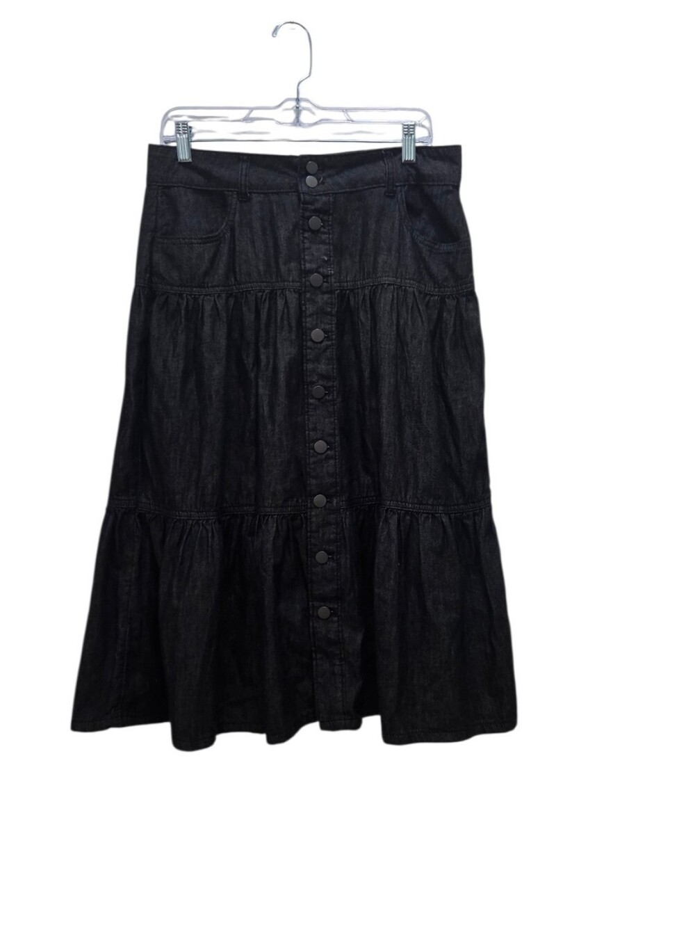 Womens Size 8 Black Denim Midi Skirt Tiered Snap Front Western Prairie Boho